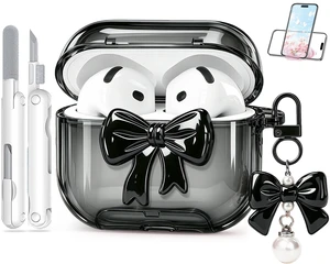 for Airpods 5/4 Case Pink with Safety Lock & Phone Stand, 3D Bow Clear Case with Cute Keychain & Cleaning Kit for Apple Airpods 4/5th (2024/2026) Generation Soft TPU Cover for Girls Women (Black) for Airpods 5/4 Case Pink with Safety Lock & Phone Stand, 3D Bow Clear Case with Cute Keychain & Cleaning Kit for Apple Airpods 4/5th (2024/2026) Generation Soft TPU Cover for Girls Women (Black)