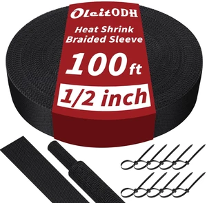 100 ft 1/2 in 2:1 Heat Shrink Braided Sleeving, Black Abrasion-resistant polyolefin and polyester sleeve for automotive wiring harness protection and cable management 100 ft 1/2 in 2:1 Heat Shrink Braided Sleeving, Black Abrasion-resistant polyolefin and polyester sleeve for automotive wiring harness protection and cable management