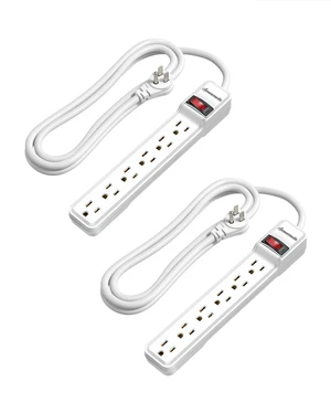 2-Pack 6FT Power Strip Surge Protector with 6-Outlet Low Profile Flat Plug, 15 Amp Circuit Breaker, 500 Joules, Wall Mount for Office, Living Room, Bedroom, White 2-Pack 6FT Power Strip Surge Protector with 6-Outlet Low Profile Flat Plug, 15 Amp Circuit Breaker, 500 Joules, Wall Mount for Office, Living Room, Bedroom, White