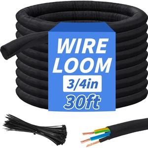 30ft - 3/4in Split Braided Sleeve Cable Management, Self-Wrapping Flexible loom tubing protects wires from abrasion and heat. Great for automotive, TV, computer, and home electrical use 30ft - 3/4in Split Braided Sleeve Cable Management, Self-Wrapping Flexible loom tubing protects wires from abrasion and heat. Great for automotive, TV, computer, and home electrical use