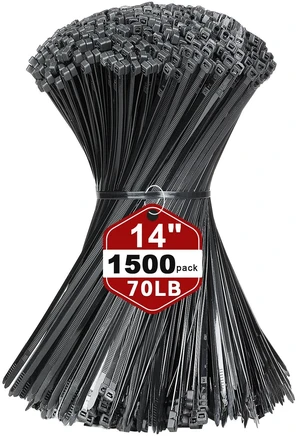 14 Inch Black Nylon Zip Ties, 1500 Pack Self-Locking 70lb Tensile UV Resistant Construction, HeavyDuty Performance, Suitable For Both Indoor And Outdoor Securing Applications 14 Inch Black Nylon Zip Ties, 1500 Pack Self-Locking 70lb Tensile UV Resistant Construction, HeavyDuty Performance, Suitable For Both Indoor And Outdoor Securing Applications