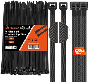 12"-shaped & V-shaped double-sided tooth zip ties black. : 100lbs, V: 200lbs tensile strength. Heavy-duty, self-locking, adjustable, durable nylon ties for indoor/outdoor use. (40V+60) 12"-shaped & V-shaped double-sided tooth zip ties black. : 100lbs, V: 200lbs tensile strength. Heavy-duty, self-locking, adjustable, durable nylon ties for indoor/outdoor use. (40V+60)