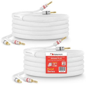 24k Gold Plated Banana Plugs Speaker Cables 99.9% OFC (15 Feet) Oxygen-Free Copper, Excel Series, Amplifier Heavy Duty Braided In-Wall CL2 Rated Wires - White (12AWG / 15ft / 4.5m) 2-Pack 24k Gold Plated Banana Plugs Speaker Cables 99.9% OFC (15 Feet) Oxygen-Free Copper, Excel Series, Amplifier Heavy Duty Braided In-Wall CL2 Rated Wires - White (12AWG / 15ft / 4.5m) 2-Pack