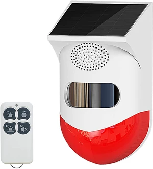 Solar Outdoor Motion Sensor Alarm 2 Adjustable Activated Waterproof 120dB Loud Sound Strobe Light Security Siren Alarm Easy Set up Remote Control 4 Working Mode for Home,Garden,Yard Solar Outdoor Motion Sensor Alarm 2 Adjustable Activated Waterproof 120dB Loud Sound Strobe Light Security Siren Alarm Easy Set up Remote Control 4 Working Mode for Home,Garden,Yard