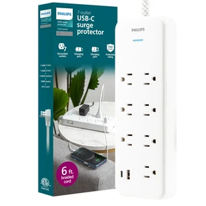 Surge Protector Power Strip with USB Ports 6 Ft Braided Extension Cord with Multiple Outlets, 1500 Joules, 7 Outlet Extender, 1 USB-A, 1 USB-C, Flat Plug, SPP3983W/37 Surge Protector Power Strip with USB Ports 6 Ft Braided Extension Cord with Multiple Outlets, 1500 Joules, 7 Outlet Extender, 1 USB-A, 1 USB-C, Flat Plug, SPP3983W/37