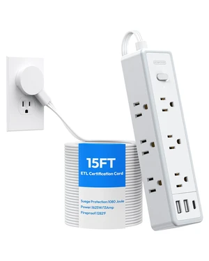 Flat Extension Cord 15 FT, Power Strip with 9 Widely Outlets and 3 USB (1 USB-C), Extension Cord with Multiple Outlets, 1080 Joule, Wall Mount, for Home Office, Dorm,White Flat Extension Cord 15 FT, Power Strip with 9 Widely Outlets and 3 USB (1 USB-C), Extension Cord with Multiple Outlets, 1080 Joule, Wall Mount, for Home Office, Dorm,White