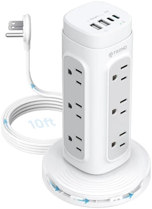 Semi-Retractable Power Strip Tower 10 ft for Easy Cable Management Space-Saving Vertical Tower Surge Protector 1700J, Flat Plug, 12 AC, 4 USB PD 20W, Home Office Desk Dorm Essentials, White Semi-Retractable Power Strip Tower 10 ft for Easy Cable Management Space-Saving Vertical Tower Surge Protector 1700J, Flat Plug, 12 AC, 4 USB PD 20W, Home Office Desk Dorm Essentials, White