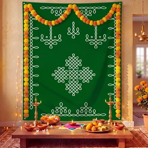 Traditional Indian Pooja Backdrop Kolam Decor, Dark Green, 7x5ft Varalakshmi Diwali Rangoli Wall Hanging, Ratham Muggu Vratam Tapestry, for Home Wedding Bedroom Living Room Photo Background Traditional Indian Pooja Backdrop Kolam Decor, Dark Green, 7x5ft Varalakshmi Diwali Rangoli Wall Hanging, Ratham Muggu Vratam Tapestry, for Home Wedding Bedroom Living Room Photo Background