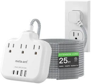 25FT Extension Cord with USB C - White Flat Plug Braided Extension Cord with 3 Outlets & 4 USB Ports (2 USB-C), No Surge Protector for Home, Office, Studio, Behind TV 25FT Extension Cord with USB C - White Flat Plug Braided Extension Cord with 3 Outlets & 4 USB Ports (2 USB-C), No Surge Protector for Home, Office, Studio, Behind TV