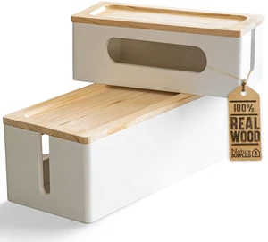 Set of 2, Wood Cable Management Boxes, Large and Medium Cord Organizer to Hide Wires and Power Strips for TV, Desk, Computer, Router, Cable Storage and Home Office Organization, White Set of 2, Wood Cable Management Boxes, Large and Medium Cord Organizer to Hide Wires and Power Strips for TV, Desk, Computer, Router, Cable Storage and Home Office Organization, White