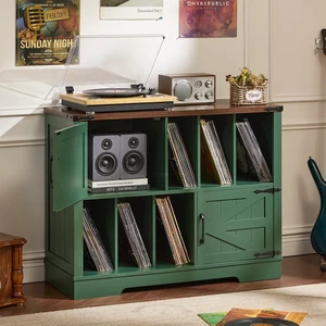 Large Record Player Stand with Vinyl Storage Up to 450 Albums, 39 Inch Farmhouse Wood Green Vinyl Records Storage Cabinet with Barn Doors, Mid-Century Accent Turntable Stand for Living Room Large Record Player Stand with Vinyl Storage Up to 450 Albums, 39 Inch Farmhouse Wood Green Vinyl Records Storage Cabinet with Barn Doors, Mid-Century Accent Turntable Stand for Living Room
