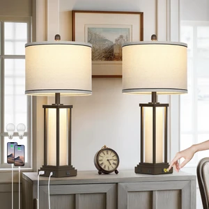 27in Tall Farmhouse Table Lamp Set of 2 with USB C+A & Outlet,Brown Industrial End Table Lamp for Living Room,Vintage Rustic Bedside Lamps with Night Light for Bedroom Nightstand,Brown 27in Tall Farmhouse Table Lamp Set of 2 with USB C+A & Outlet,Brown Industrial End Table Lamp for Living Room,Vintage Rustic Bedside Lamps with Night Light for Bedroom Nightstand,Brown