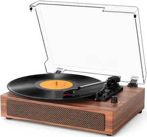 Record Player with Speakers, 3-Speed Belt-Drive Turntable, Larger Brown Wood Cabinet with Stereo Speakers, RCA Output, AUX Input, Headphone Jack and Auto Stop Brown Wood Record Player with Speakers, 3-Speed Belt-Drive Turntable, Larger Brown Wood Cabinet with Stereo Speakers, RCA Output, AUX Input, Headphone Jack and Auto Stop Brown Wood