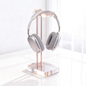 Headphone Stand Headset Holder for Desk, Solid Christal-Clear Acrylic with Rose-Gold Hardware Earphone Hanger for Gaming Room Office Accessories Headphone Stand Headset Holder for Desk, Solid Christal-Clear Acrylic with Rose-Gold Hardware Earphone Hanger for Gaming Room Office Accessories