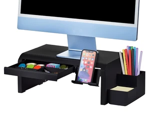 Konnect Adjustable Monitor Riser with Drawer, Cell Phone Stand & Pencil Holder, Laptop Stand for Desk, 4 Height Levels, Cable Management & Rubber Feet Konnect Adjustable Monitor Riser with Drawer, Cell Phone Stand & Pencil Holder, Laptop Stand for Desk, 4 Height Levels, Cable Management & Rubber Feet
