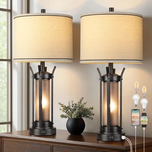 26" Table Lamps for Living Room, Rustic Beside Lamp, Black USB A+C Charging Ports, 4 Bulbs Included, Farmhouse Industrial Nightstand Lamp, Frosted Glass, Night Light 26" Table Lamps for Living Room, Rustic Beside Lamp, Black USB A+C Charging Ports, 4 Bulbs Included, Farmhouse Industrial Nightstand Lamp, Frosted Glass, Night Light