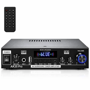 AK35 Pro 300W Bluetooth Stereo Amplifier, 2 Channel Mini Home Audio Power Amp with Microphone Input, Upgraded Audio Chip, Bass & Treble Control, FM, AUX, USB, SD Card, Remote Control AK35 Pro 300W Bluetooth Stereo Amplifier, 2 Channel Mini Home Audio Power Amp with Microphone Input, Upgraded Audio Chip, Bass & Treble Control, FM, AUX, USB, SD Card, Remote Control
