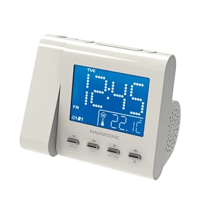 Projection Alarm Clock with AM/FM Radio, Battery Backup, Auto Time Set, Dual Alarm, Nap/Sleep Timer, Indoor Temperature/Date Display with Dimming & 3.5mm Audio Input - White (EAAC601W) Projection Alarm Clock with AM/FM Radio, Battery Backup, Auto Time Set, Dual Alarm, Nap/Sleep Timer, Indoor Temperature/Date Display with Dimming & 3.5mm Audio Input - White (EAAC601W)
