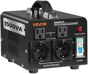 Voltage Converter Transformer, 1500VA, Heavy Duty Step Up/Down Power Transformer, Convert from 110V to 220V and 220V to 110V, with EU Outlets, US Outlets, Power Cord, Circuit Breaker Protection Voltage Converter Transformer, 1500VA, Heavy Duty Step Up/Down Power Transformer, Convert from 110V to 220V and 220V to 110V, with EU Outlets, US Outlets, Power Cord, Circuit Breaker Protection