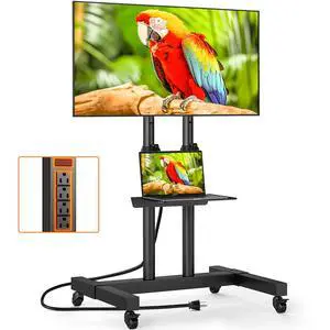Heavy Duty Rolling TV Stand with Power Outlet for 32-83 Inch TVs | Height Adjustable Mobile TV Cart on Wheels Holds up to 110 lbs, Outdoor TV Stand Trolley, Max VESA 600x400mm Heavy Duty Rolling TV Stand with Power Outlet for 32-83 Inch TVs | Height Adjustable Mobile TV Cart on Wheels Holds up to 110 lbs, Outdoor TV Stand Trolley, Max VESA 600x400mm
