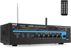 Home Compact Public Address Mono Amplifier - Professional 120 Watt Home Power Audio Sound PA Speaker Receiver System w/ RCA, Headphone, 2 Microphone Inputs, Independent Volume Control - PT210 Home Compact Public Address Mono Amplifier - Professional 120 Watt Home Power Audio Sound PA Speaker Receiver System w/ RCA, Headphone, 2 Microphone Inputs, Independent Volume Control - PT210