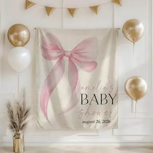 Personalized Pink Bow Baby Shower Backdrop, Custom Baby Shower Banner with Name and Date, Elegant Baby Girl Shower Decoration, Photo Booth Prop, Linen Fabric Sign Personalized Pink Bow Baby Shower Backdrop, Custom Baby Shower Banner with Name and Date, Elegant Baby Girl Shower Decoration, Photo Booth Prop, Linen Fabric Sign