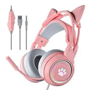 Cat Ear Headphones Pink Gaming Headset with Mic for Switch Xbox One PS4 PS5, Cute Children Girl Kids Wired Headphones Light up Kawaii Kitty Noise Cancelling Headphones for Gamer PC Laptop Cat Ear Headphones Pink Gaming Headset with Mic for Switch Xbox One PS4 PS5, Cute Children Girl Kids Wired Headphones Light up Kawaii Kitty Noise Cancelling Headphones for Gamer PC Laptop