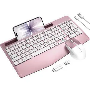 Rechargeable Silent Wireless Keyboard and Mouse Combo, Ergonomic Wrist Rest & Phone Tablet Holder, USB-C Adapter Included, 2.4G Lag-Free Cordless Set for Windows Mac Laptop PC Home Office (Rose Gold) Rechargeable Silent Wireless Keyboard and Mouse Combo, Ergonomic Wrist Rest & Phone Tablet Holder, USB-C Adapter Included, 2.4G Lag-Free Cordless Set for Windows Mac Laptop PC Home Office (Rose Gold)