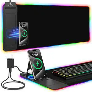 Mouse Pad with Foldable Phone Holder & Wireless Charger, XL RGB Gaming Mousepad 31.5"x11.8" Large Desk Mat for Keyboard, Home Desk Pad with Dual Qi Charging Station | 11 Colors & 5 Modes | Waterproof Mouse Pad with Foldable Phone Holder & Wireless Charger, XL RGB Gaming Mousepad 31.5"x11.8" Large Desk Mat for Keyboard, Home Desk Pad with Dual Qi Charging Station | 11 Colors & 5 Modes | Waterproof