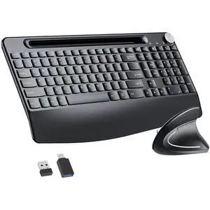 Full-Size Ergonomic Keyboard and Mouse, 2.4GHz Wireless Keyboard and vertical Mouse with Tablet Phone Holder, Wrist Rest for Computer Mac PC Laptop Chromebook, Black Full-Size Ergonomic Keyboard and Mouse, 2.4GHz Wireless Keyboard and vertical Mouse with Tablet Phone Holder, Wrist Rest for Computer Mac PC Laptop Chromebook, Black
