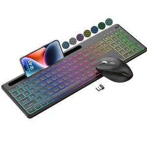 Wireless Keyboard and Mouse Combo -10 Colored Backlits, Phone Holder Wireless Keyboard and Mouse Combo -10 Colored Backlits, Phone Holder