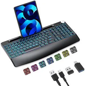 Lighted up Large Print Full Size 2.4G Ergonomic Wireless Keyboard, Rechargeable,with 7 Colored Backlits &Volume Knob&Phone Holder &Wrist Rest,for Mac Windows Laptop PC (Keyboard) Lighted up Large Print Full Size 2.4G Ergonomic Wireless Keyboard, Rechargeable,with 7 Colored Backlits &Volume Knob&Phone Holder &Wrist Rest,for Mac Windows Laptop PC (Keyboard)