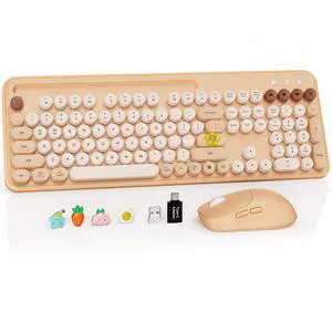 Wireless Keyboard and Mouse Combo, Retro Round Keycaps, Full-Size Typewriter Keyboard with Phone/Tablet Holder, Ergonomic Mouse with 3-Level DPI, 2.4GHz Connection for Windows/PC (Beige Colorful) Wireless Keyboard and Mouse Combo, Retro Round Keycaps, Full-Size Typewriter Keyboard with Phone/Tablet Holder, Ergonomic Mouse with 3-Level DPI, 2.4GHz Connection for Windows/PC (Beige Colorful)