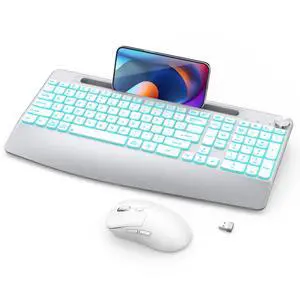 Wireless Keyboard and Mouse Backlits - Full-Sized Ergonomic Lighted Keyboard with Wrist Rest, Phone Holder,2.4GHz Rechargeable Silent Keyboard Mouse Combo for Computer, Laptop, PC, Mac -White Wireless Keyboard and Mouse Backlits - Full-Sized Ergonomic Lighted Keyboard with Wrist Rest, Phone Holder,2.4GHz Rechargeable Silent Keyboard Mouse Combo for Computer, Laptop, PC, Mac -White