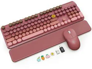 Wireless Keyboard and Mouse Combo, Magnetic Soft-Touch Wrist Rest, Round Keycaps, Full-Size Retro Typewriter Keyboard, 2-Stage Tilt Legs, Auto Sleep, 2.4GHz Cordless for Windows PC, Rose Pink Ombre Wireless Keyboard and Mouse Combo, Magnetic Soft-Touch Wrist Rest, Round Keycaps, Full-Size Retro Typewriter Keyboard, 2-Stage Tilt Legs, Auto Sleep, 2.4GHz Cordless for Windows PC, Rose Pink Ombre