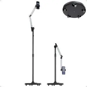 Floor Phone Stand for Recording, Overhead Phone Mount with Wheels and Weight Base, Free Rotation Aluminum Digital Heavy Duty Stand with Adjustable Angles & Height for Content Creation Floor Phone Stand for Recording, Overhead Phone Mount with Wheels and Weight Base, Free Rotation Aluminum Digital Heavy Duty Stand with Adjustable Angles & Height for Content Creation