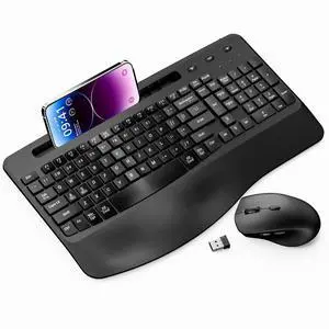 Wireless Keyboard and Mouse Ergonomic Combo, 2.4G Rechargable Full-Sized Quiet Wave Keyboard Silent Mice Set with Wrist Rest and Phone Holder for Computer, Laptop, PC, Mac, Windows - Black Wireless Keyboard and Mouse Ergonomic Combo, 2.4G Rechargable Full-Sized Quiet Wave Keyboard Silent Mice Set with Wrist Rest and Phone Holder for Computer, Laptop, PC, Mac, Windows - Black