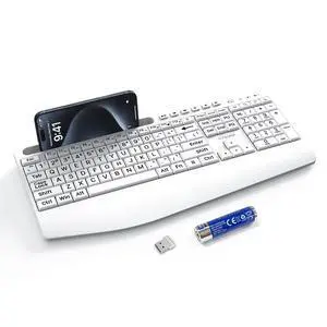Large Print Wireless Keyboard, Full Size Cordless Computer Keyboard with Phone Holder, Palm Rest, Ergonomic Tilt Angle, 2.4G Plug-and-Play, Compatible with Tablet/Windows/Laptop/PC, White Large Print Wireless Keyboard, Full Size Cordless Computer Keyboard with Phone Holder, Palm Rest, Ergonomic Tilt Angle, 2.4G Plug-and-Play, Compatible with Tablet/Windows/Laptop/PC, White