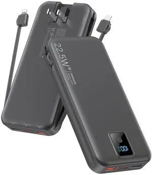 Portable Charger 12000mAh 22.5W w/Built-in Cable & Wall Plug Black Portable Charger 12000mAh 22.5W w/Built-in Cable & Wall Plug Black