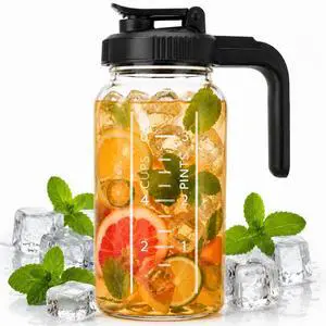 Borosilicate Glass Pitcher with Handle Lid, 64oz Leakproof Mason Jar Water Jugs for Sun Tea,Cold Brew Coffee,Juice,Iced Tea Borosilicate Glass Pitcher with Handle Lid, 64oz Leakproof Mason Jar Water Jugs for Sun Tea,Cold Brew Coffee,Juice,Iced Tea
