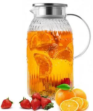Vintage Glass Pitcher with Lid, Heat Resistant Borosilicate Water Jug, 68 oz/ 2 Liter Water Pitcher with Handle and Spout for Fridge, Carafe for Hot/Cold Coffee, Tea,Beverage 1Pack Vintage Glass Pitcher with Lid, Heat Resistant Borosilicate Water Jug, 68 oz/ 2 Liter Water Pitcher with Handle and Spout for Fridge, Carafe for Hot/Cold Coffee, Tea,Beverage 1Pack