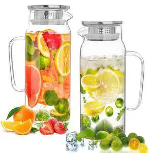 Set of 2 Glass Pitcher with Lid,2 Quart (64 oz / 1.9 Liter) Leak Proof,Glass Water Jugs, BPA-Free,Microwave & Dishwasher Safe Pitcher,Sun & Iced Tea, Sangria,Cold Brew Coffee & More Set of 2 Glass Pitcher with Lid,2 Quart (64 oz / 1.9 Liter) Leak Proof,Glass Water Jugs, BPA-Free,Microwave & Dishwasher Safe Pitcher,Sun & Iced Tea, Sangria,Cold Brew Coffee & More
