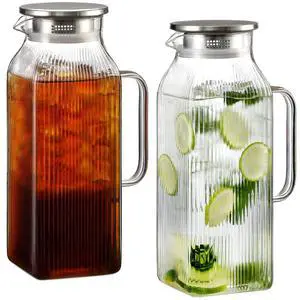 2 Pack 2 Liter/68 oz Square Glass Pitcher with Lid, Classic Stripes Water Pitchers with Handle for Fridge, Large Jug for Iced Tea, Borosilicate Glass Carafe for Hot/Cold Brew Drink, Silver 2 Pack 2 Liter/68 oz Square Glass Pitcher with Lid, Classic Stripes Water Pitchers with Handle for Fridge, Large Jug for Iced Tea, Borosilicate Glass Carafe for Hot/Cold Brew Drink, Silver