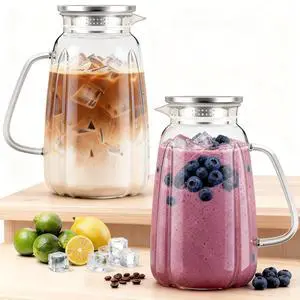 2 Pack Glass Pitcher with Lid and Handle for Fridge, Iced Tea and Coffee Carafe Beverage Serveware, 2 Liters/68 oz Heat Resistant Borosilicate Water Jug for Hot/Cold Drinks 2 Pack Glass Pitcher with Lid and Handle for Fridge, Iced Tea and Coffee Carafe Beverage Serveware, 2 Liters/68 oz Heat Resistant Borosilicate Water Jug for Hot/Cold Drinks