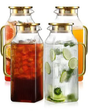 4 Pack 2 Liter/68 oz Square Glass Pitcher with Lid, Classic Stripes Water Pitchers with Handle for Fridge, Large Jug for Iced Tea, Coffee, Borosilicate Glass Carafe for Hot/Cold Brew Drink, Gold 4 Pack 2 Liter/68 oz Square Glass Pitcher with Lid, Classic Stripes Water Pitchers with Handle for Fridge, Large Jug for Iced Tea, Coffee, Borosilicate Glass Carafe for Hot/Cold Brew Drink, Gold