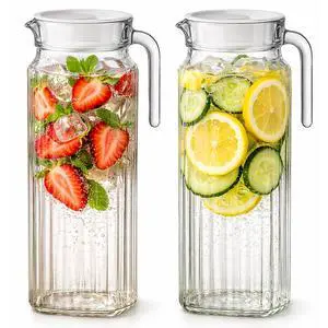 Glass Pitcher with Lid 2 Pack 34 oz Glass Water Pitcher with Handle, Ribbed Glass Container with Lid and Vented Spout for Fridge Shelf, Iced Tea, Lemonade, Juice Glass Pitcher with Lid 2 Pack 34 oz Glass Water Pitcher with Handle, Ribbed Glass Container with Lid and Vented Spout for Fridge Shelf, Iced Tea, Lemonade, Juice