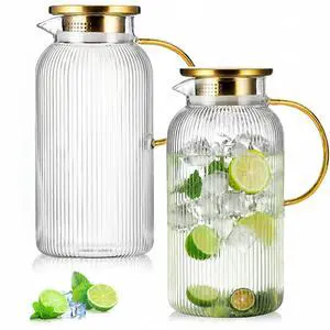 2 Pack Glass Pitchers with Lid, 68 oz/2 Liter Sun Tea Pitcher,Vertical Stripe Round Pitcher with Handle, Heat Resistant, Suitable for Refrigerator Storage, Iced Tea, Coffee and Beverage Container 2 Pack Glass Pitchers with Lid, 68 oz/2 Liter Sun Tea Pitcher,Vertical Stripe Round Pitcher with Handle, Heat Resistant, Suitable for Refrigerator Storage, Iced Tea, Coffee and Beverage Container