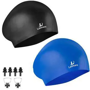 Hair Swim Cap for Women 2 Pack, Silicone Swimming Caps for Unisex Adult Women Men with Ear Plugs & Nose Clip Set, Waterproof Adult Swim Hats Bathing Caps to Keep Hair Dry(Black+Blue) Hair Swim Cap for Women 2 Pack, Silicone Swimming Caps for Unisex Adult Women Men with Ear Plugs & Nose Clip Set, Waterproof Adult Swim Hats Bathing Caps to Keep Hair Dry(Black+Blue)