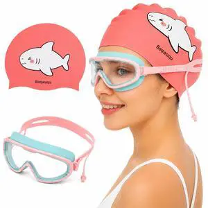 Women Adult Swim Cap and Set, Cute Shark Large Frame Anti-Fog Women Adult Swim Cap and Set, Cute Shark Large Frame Anti-Fog
