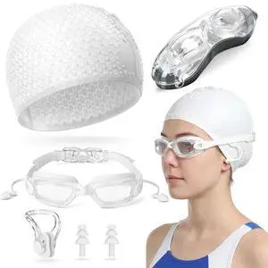 Swim Goggles Swimming Cap Set with Earplugs, Nose Clip and Case Silicone Swim Hat Waterproof Chlorine Resistant Tear-Resistant for Adult Beginner Supplies(White) Swim Goggles Swimming Cap Set with Earplugs, Nose Clip and Case Silicone Swim Hat Waterproof Chlorine Resistant Tear-Resistant for Adult Beginner Supplies(White)